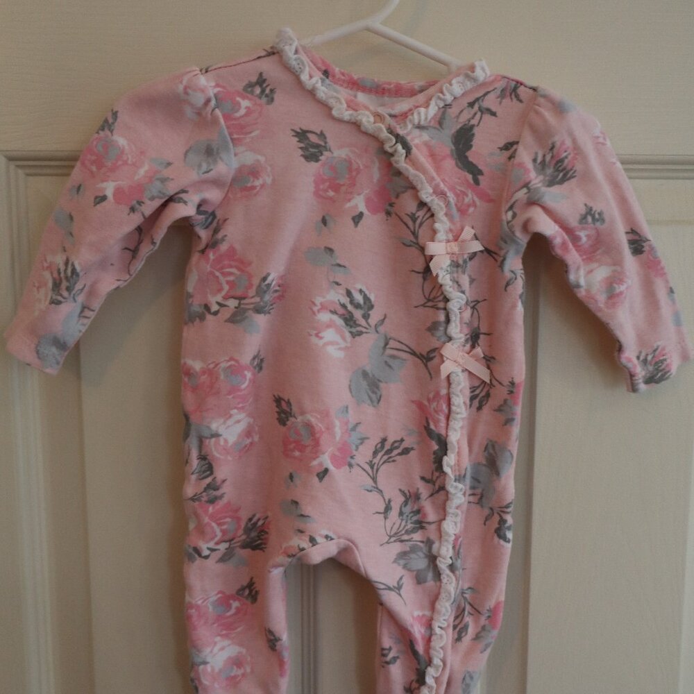 Pink Laura Ashley One piece footed with white ruffles and bows 3-6m